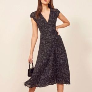 NWT Reformation Carina Wrap Dress black polka dot